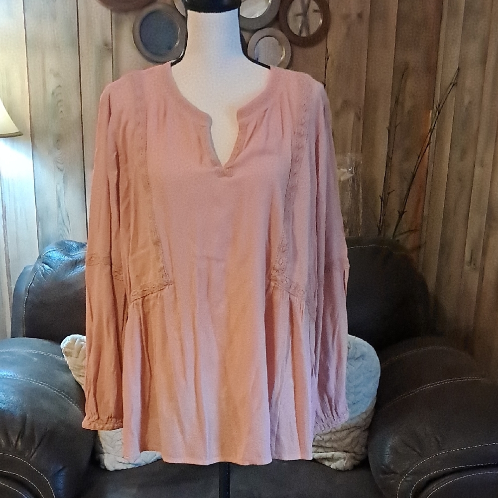 J.Jill Pink Peasant Tunic Top Lace Trim Long Sleeve Relaxed Fit Size L